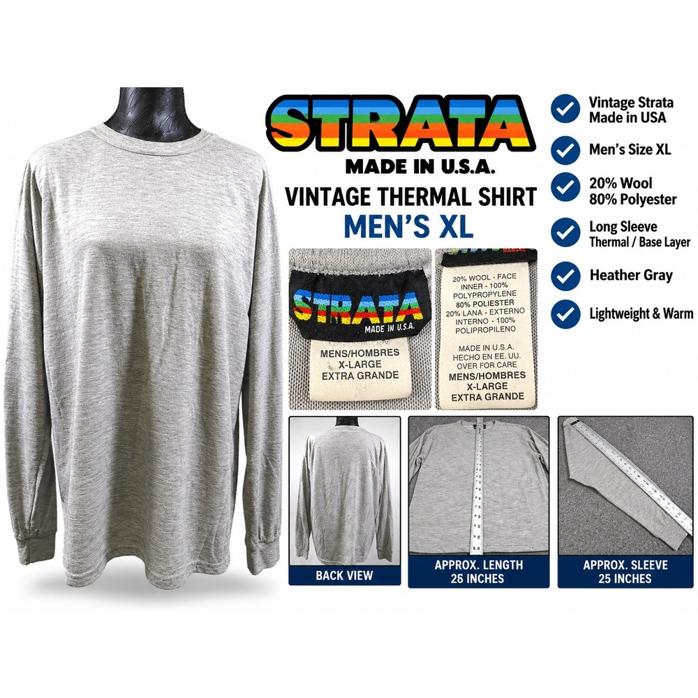 Vintage Strata Thermal Shirt Mens XL Heather Gray Wool Blend Made in USA Layer